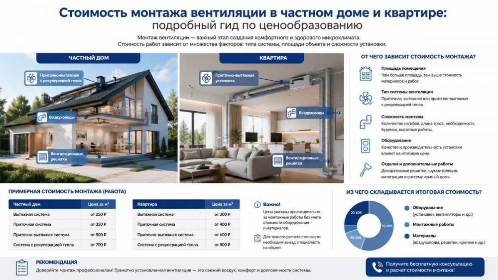 Стоимость монтажа вентиляции в частном доме и квартире